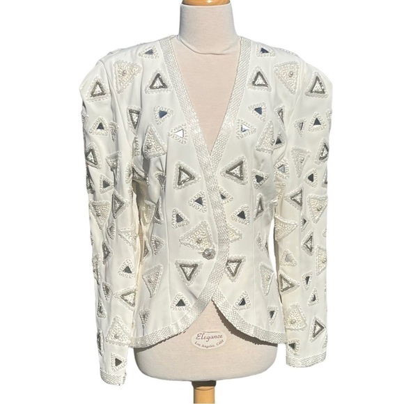VTG Beaded Evening Jacket Heavily Embellished Winter White Pearl Triangle Sz 10 - Picture 1 of 16